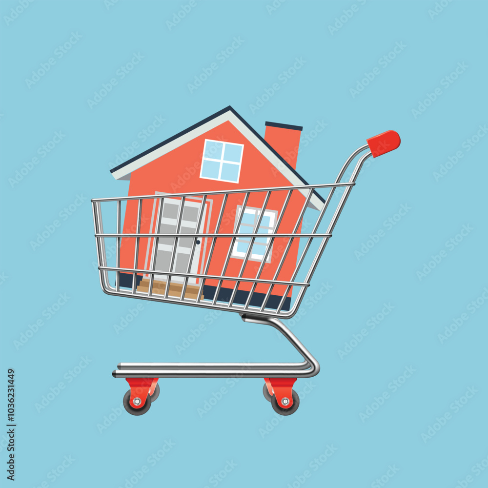 Realistic Shopping cart, real estate purchasing decisions, House inside a shopping cart, 3D Realistic Realistic Shopping cart, real estate purchasing decisions, House inside a shopping cart, 3D Realistic
