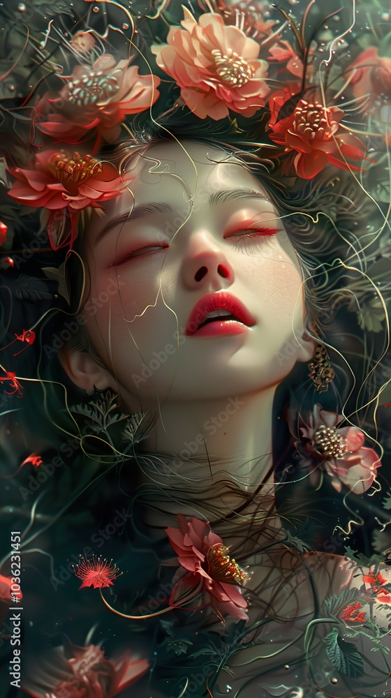 Dreamy Woman Surrounded by Flowers Dreamy Woman Surrounded by Flowers