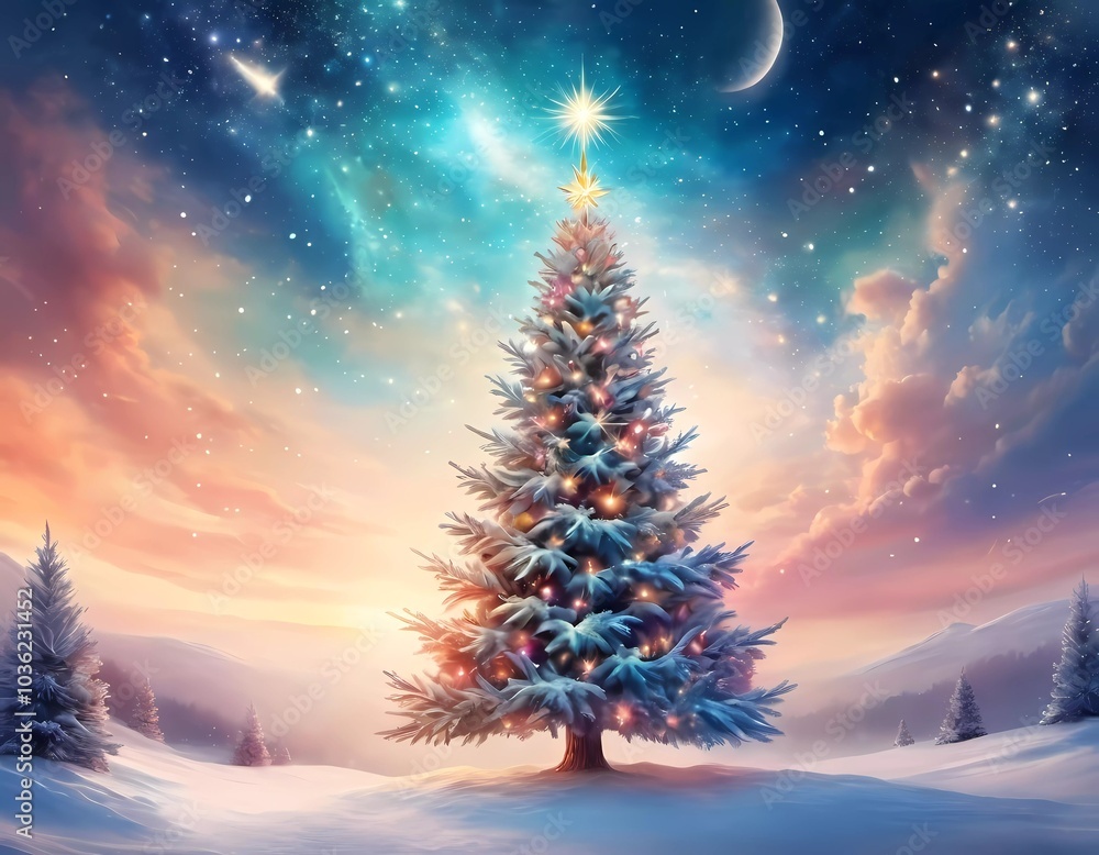 Amid a snowy landscape, a beautifully decorated spruce tree stands tall, adorned with lights, celebrating New Year’s joy and magic. Mysterious sky, big moon, glow, nebulae and clouds. Generative AI Amid a snowy landscape, a beautifully decorated spruce tree stands tall, adorned with lights, celebrating New Year’s joy and magic. Mysterious sky, big moon, glow, nebulae and clouds. Generative AI