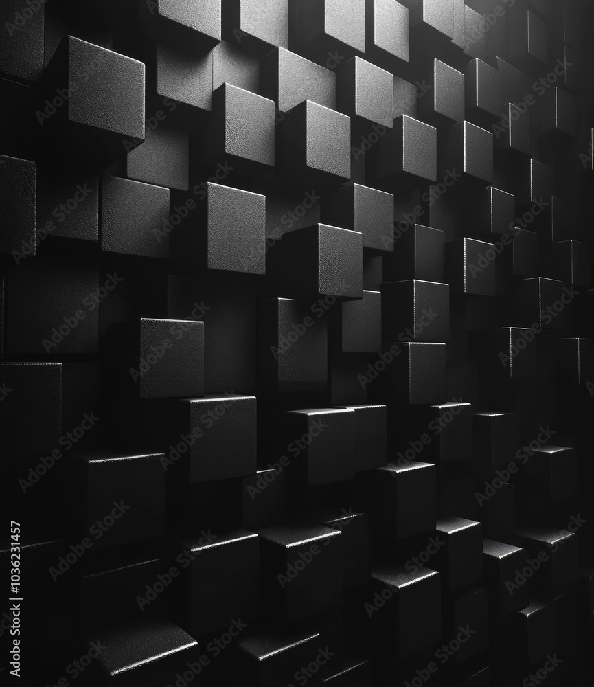 A textured black wall featuring three-dimensional cubes in varying arrangements. A textured black wall featuring three-dimensional cubes in varying arrangements.
