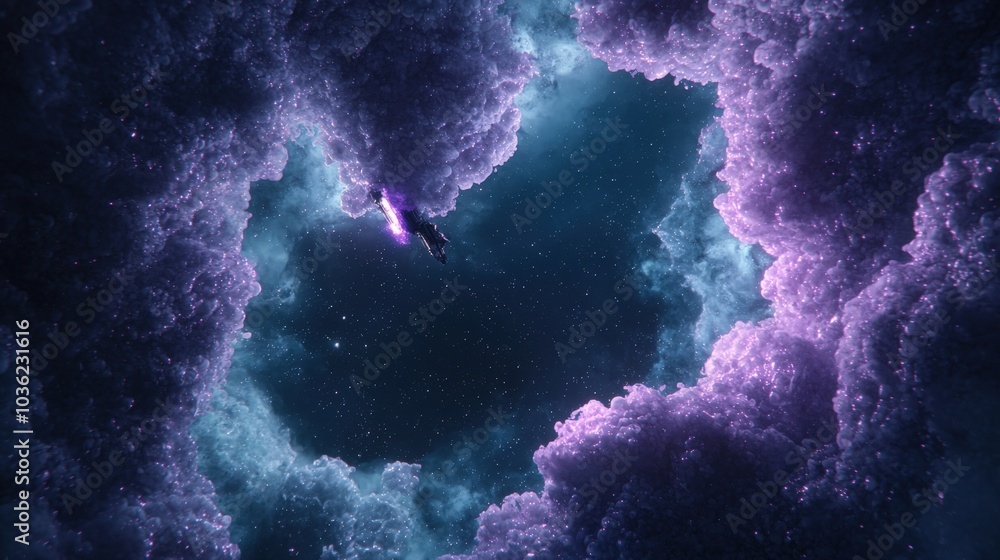 Fototapeta premium A futuristic spaceship conducts hull repairs while orbiting a vibrant nebula filled with colorful gases and starlight
