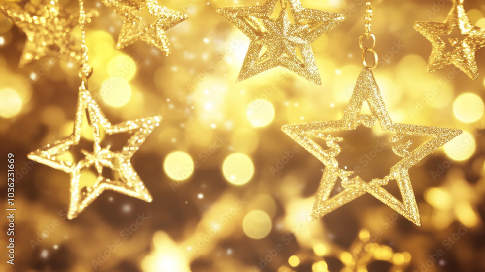 Glittering gold stars with bokeh lights - festive and elegant holiday decor. Glittering gold stars with bokeh lights - festive and elegant holiday decor.