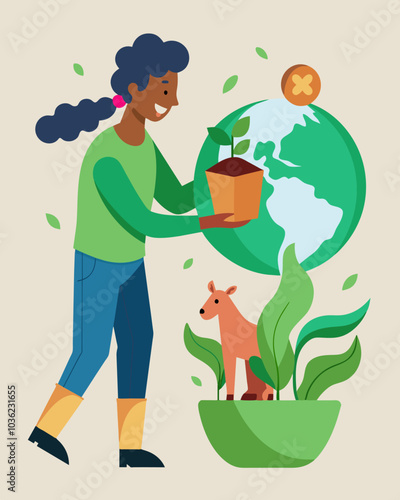 An individual switches to a plantbased diet to reduce their carbon footprint from animal agriculture.. Vector illustration