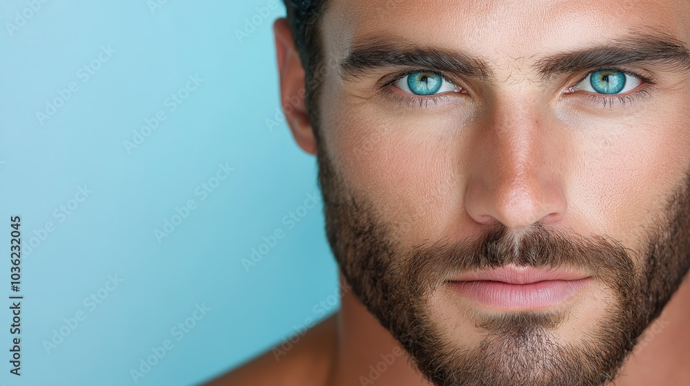 Obraz premium A man with a strong jawline and soft eyes showcases makeup artistry that beautifully blends masculinity and femininity against a soft blue backdrop