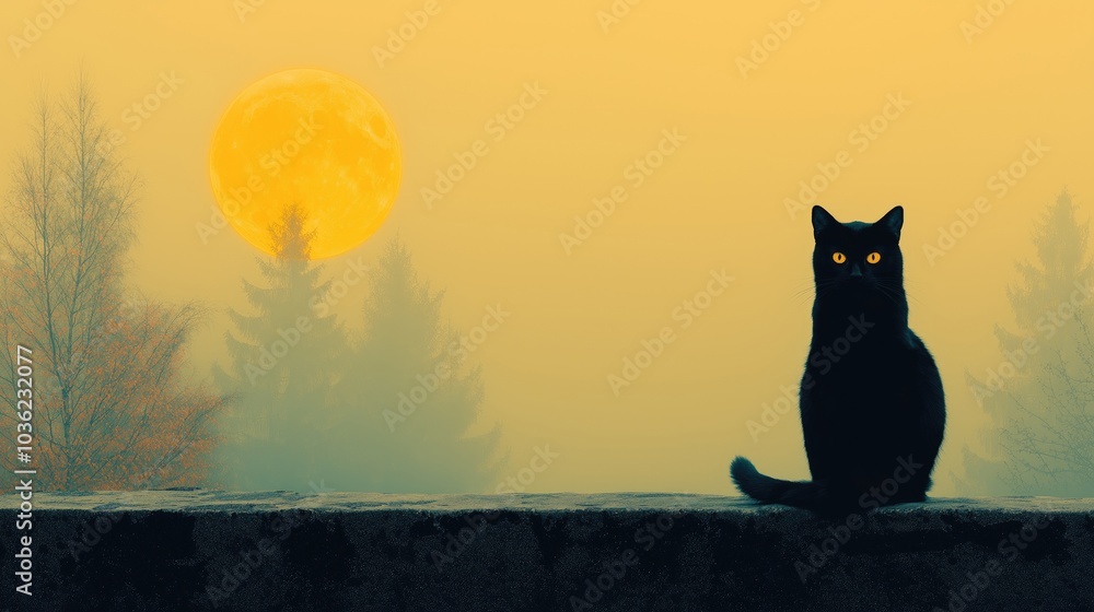 Black cat sitting on stone wall under bright full moon with yellow sky ...