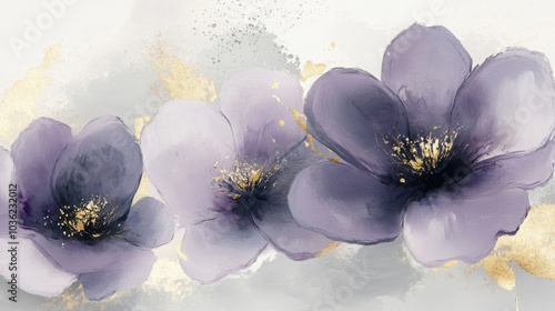 Abstract lavender flowers with soft, muted petals and gold accents painted on a gray background, creating an elegant floral design. Copy space photo