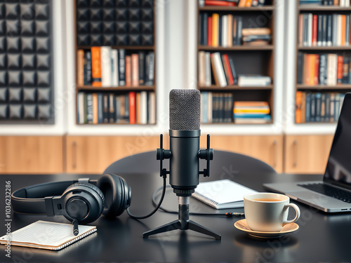 podcast setup, microphone and coffee on the table