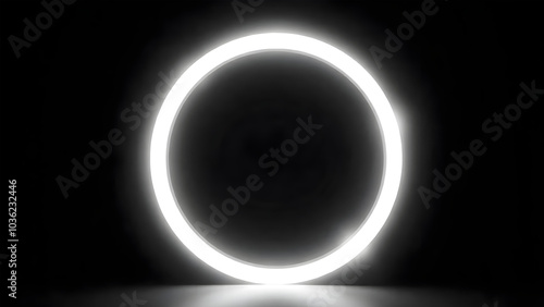 4K glowing white circle frame with reflection on black background. 