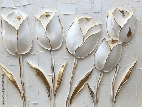 Elegant tulip flowers painted in white with gold accents, creating a raised textured effect on a light pastel background. Copy space photo