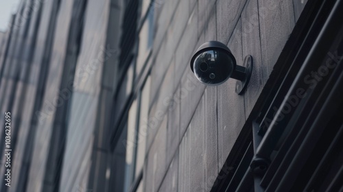 A security camera is mounted on a tall building exterior. Concept of surveillance and security. For safety awareness campaigns. photo