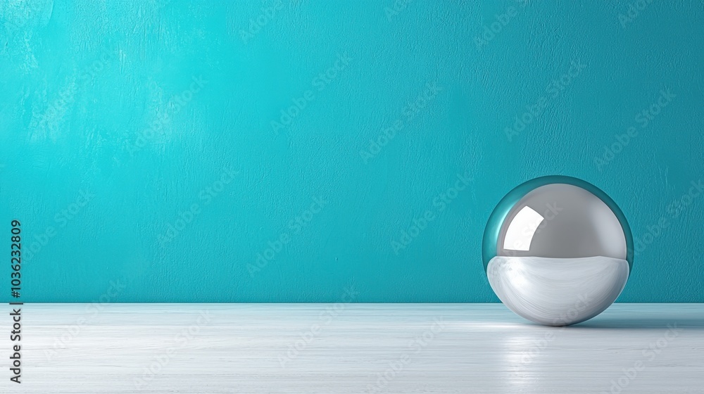 A polished silver sphere resting on a bright turquoise surface under vibrant lighting, showcasing a modern aesthetic appeal A polished silver sphere resting on a bright turquoise surface under vibrant lighting, showcasing a modern aesthetic appeal