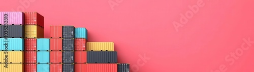 A neatly arranged stack of colorful shipping containers placed against a vibrant red background, emphasizing logistics, trade, and global transportation concepts, flat design illustration. 