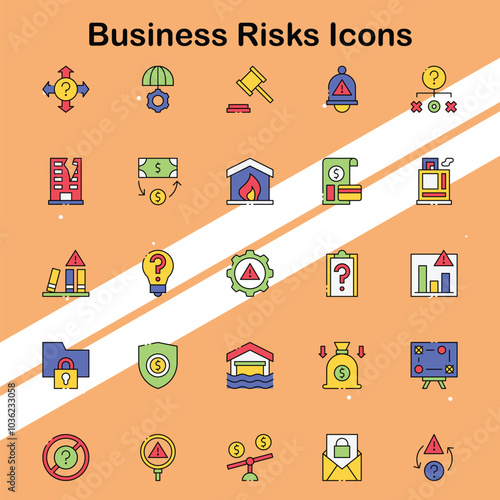 Set of business risks icons illustrating potential challenges and strategies in the corporate world.