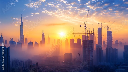 At sunset the city skyline emerges with construction cranes and rising buildings highlighting the ongoing urban development efforts and economic growth in the metropolitan area