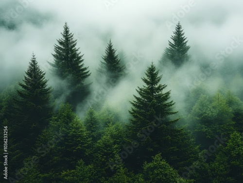 Misty Canopy, a serene forest scene shrouded in fog, only treetops peek through, evoking tranquility and mystery in nature.