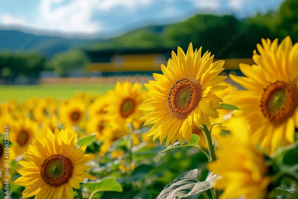 Fototapeta premium A vibrant field of sunflowers in full bloom, basking under a bright blue sky with distant mountains enhancing the picturesque landscape.