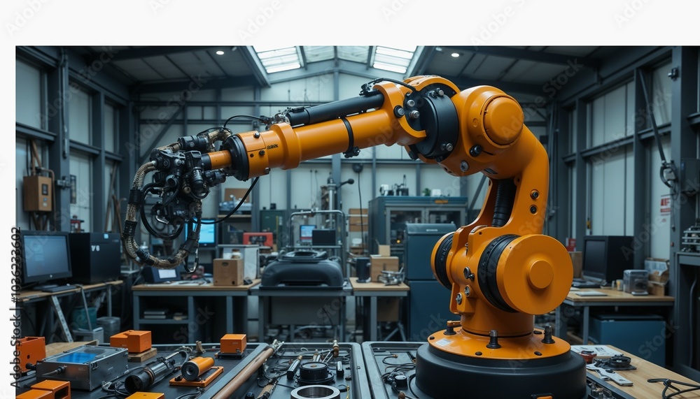 Detailed mechanical robotic arm assembling parts with precision in an industrial workshop environment Detailed mechanical robotic arm assembling parts with precision in an industrial workshop environment