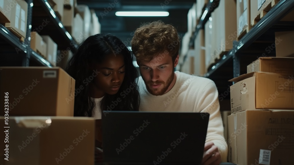 Colleagues checking inventory laptop storeroom surrounded cardboard boxes teamwork. AI generated. Colleagues checking inventory laptop storeroom surrounded cardboard boxes teamwork. AI generated.