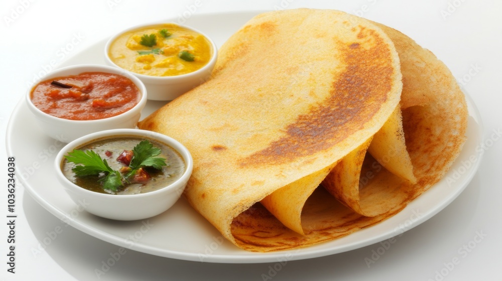 Delicious Dosa with Assorted Sides and Sauces Delicious Dosa with Assorted Sides and Sauces