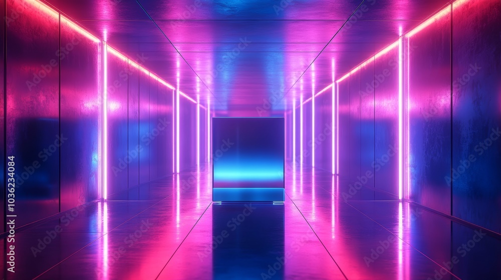 Chrome cube gently suspended above a glassy reflective floor, hall of mirrors glowing with blue and violet holographic light, clean futuristic design Chrome cube gently suspended above a glassy reflective floor, hall of mirrors glowing with blue and violet holographic light, clean futuristic design
