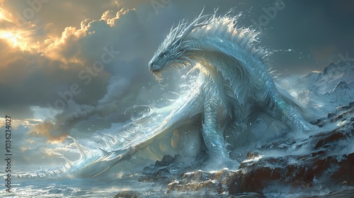 Majestic Ice Dragon Soaring Over the Ocean