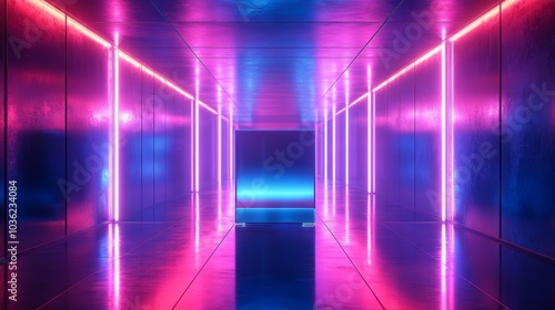 Chrome cube gently suspended above a glassy reflective floor, hall of mirrors glowing with blue and violet holographic light, clean futuristic design