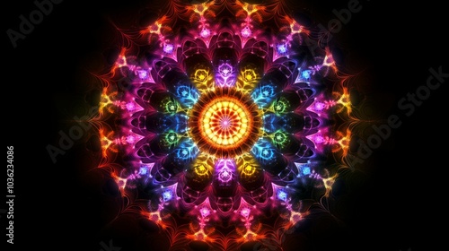 Circular mandala-like design, intricate fractal shapes repeating with bright neon colors on a black background, endless symmetry and depth photo