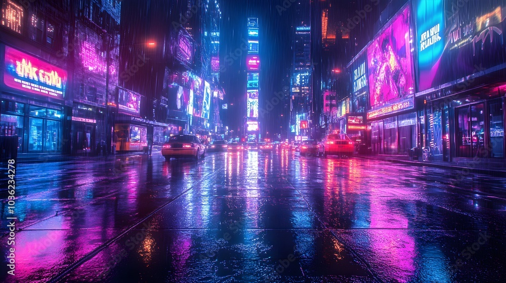 Vibrant night in a retro-futuristic city, skyscrapers towering over streets, covered in glowing neon graffiti reflecting off wet pavement, evoking an electric energy Vibrant night in a retro-futuristic city, skyscrapers towering over streets, covered in glowing neon graffiti reflecting off wet pavement, evoking an electric energy