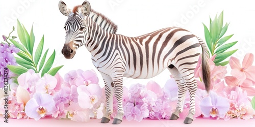 A zebra stands proudly among tropical leaves and vibrant purple orchids in a lush and colorful environment