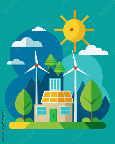 An energy company invests in renewable resources such as wind and solar to provide clean and efficient energy to communities without depleting nonrenewable resources.. Vector illustration
