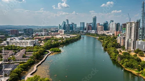 Wallpaper Mural 4K+ Aerial time-lapse over Lady Bird Lake with downtown Austin skyscrapers Torontodigital.ca
