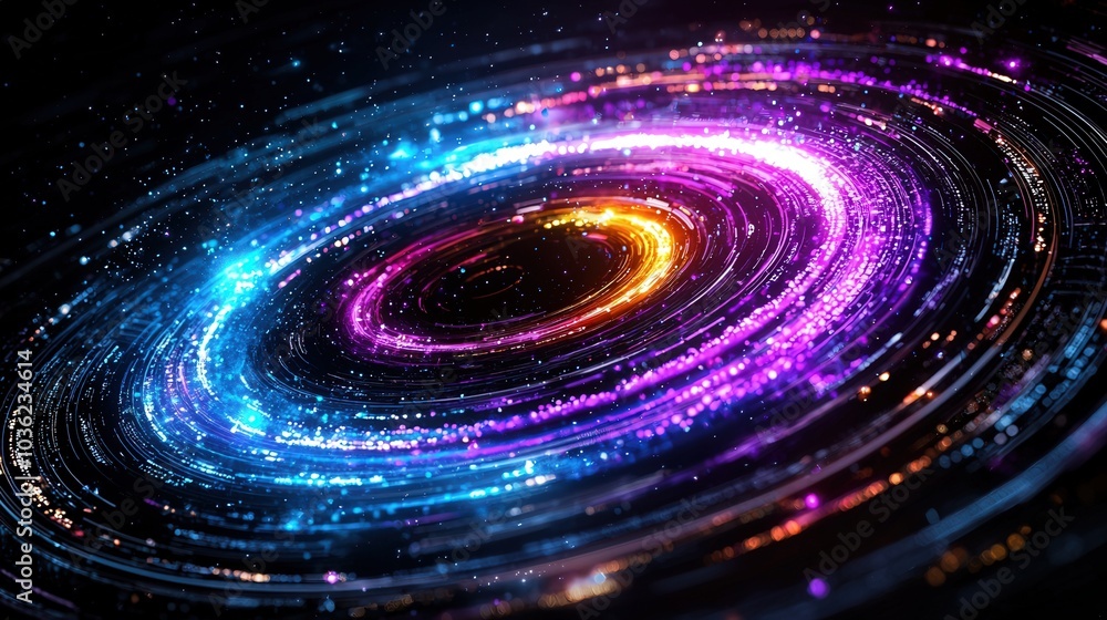 Colorful spiral visualization of atomic energy levels and electron orbits in a dynamic pattern Colorful spiral visualization of atomic energy levels and electron orbits in a dynamic pattern