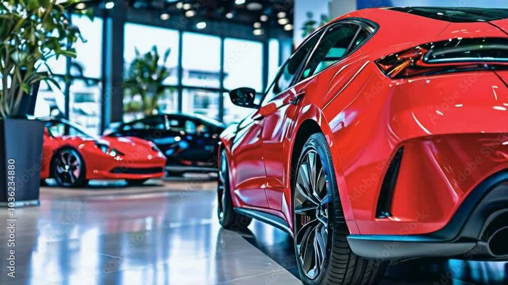 A red car parked in a showroom. Suitable for automotive industry promotions A red car parked in a showroom. Suitable for automotive industry promotions