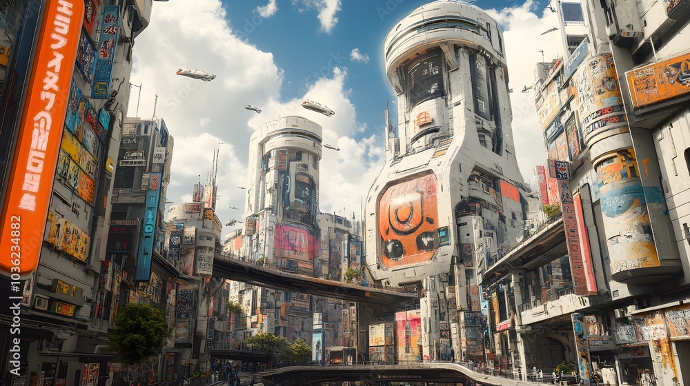 Naklejka premium Urban landscape with towering futuristic buildings, vibrant street art decorating the lower walls in a chaotic yet harmonious scene