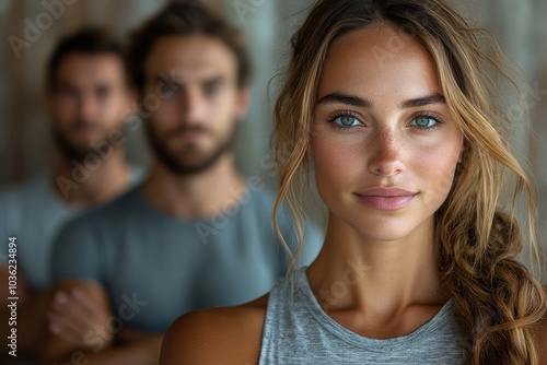 Captivating portrait of a woman with stunning blue eyes and two men in soft focus, captured indoors during daylight hours