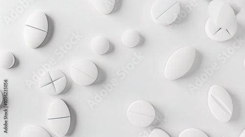 White medicine pill tablet on white background - a symbol of purity and healing. This pristine white pill on an equally white backdrop represents the potential for health and recovery