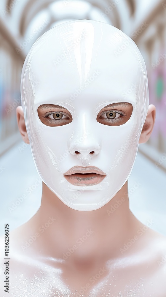 A person in a featureless white mask stands in an urban tunnel illuminated by bright light and surrounded by vibrant graffiti A person in a featureless white mask stands in an urban tunnel illuminated by bright light and surrounded by vibrant graffiti
