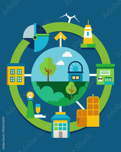 An illustration of the circular economy model with examples of how different industries can apply sustainable practices to reduce waste and create a more circular system.. Vector illustration