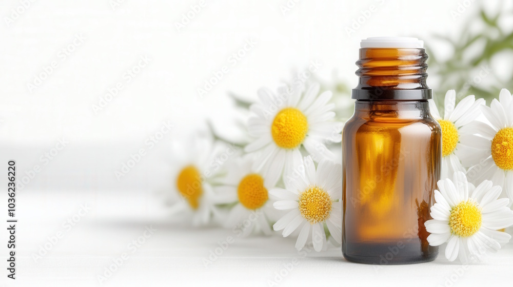 Rich amber bottle of chamomile oil surrounded by freshly picked chamomile flowers with white petals and yellow centers Rich amber bottle of chamomile oil surrounded by freshly picked chamomile flowers with white petals and yellow centers