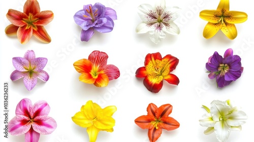 A Collection of Vibrant Lily Flowers on a White Background