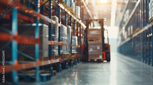 A forklift handling pallets in a distribution center, logistics setting with shelves, Minimalist style