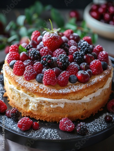 A delicious cake topped with assorted berries, perfect for dessert or celebrations.