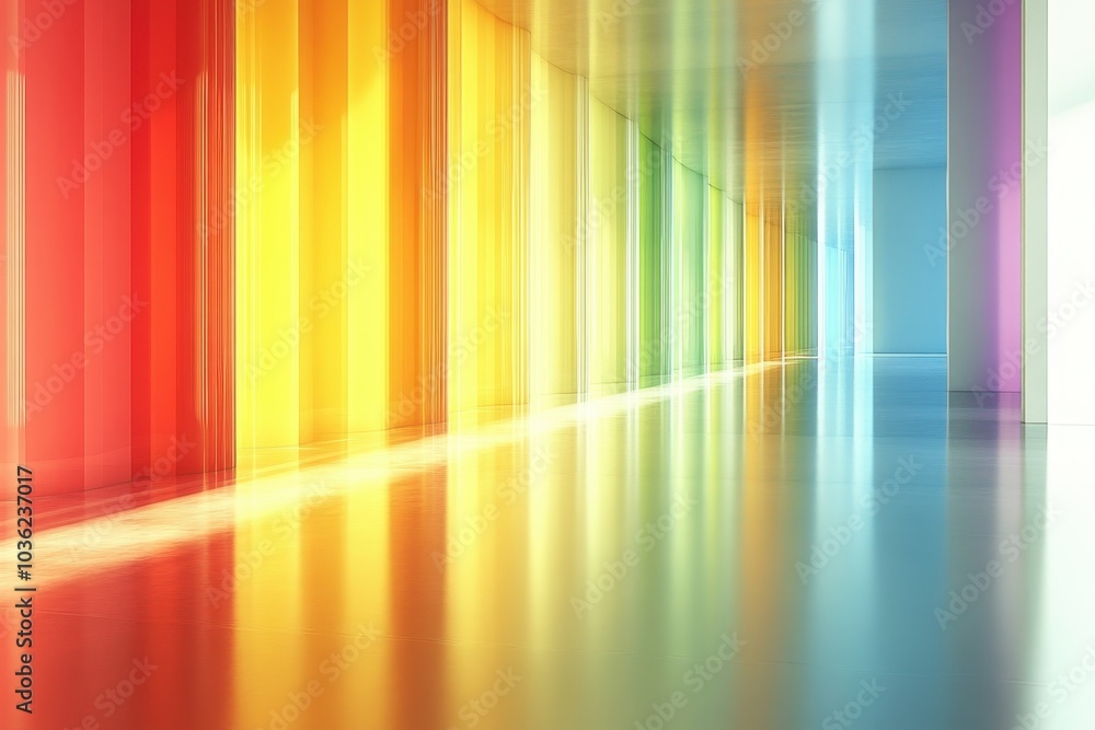 Brightly colored glass panels create a vibrant hallway in a modern architectural space during daylight Brightly colored glass panels create a vibrant hallway in a modern architectural space during daylight