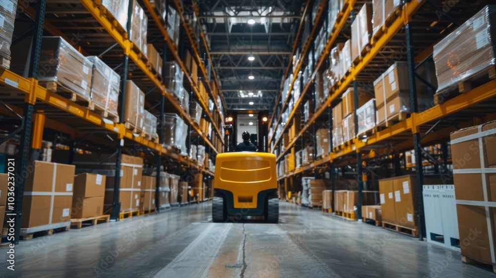 A forklift maneuvering pallets in a warehouse, industrial setting with shelves stocked with boxes, Dynamic style A forklift maneuvering pallets in a warehouse, industrial setting with shelves stocked with boxes, Dynamic style