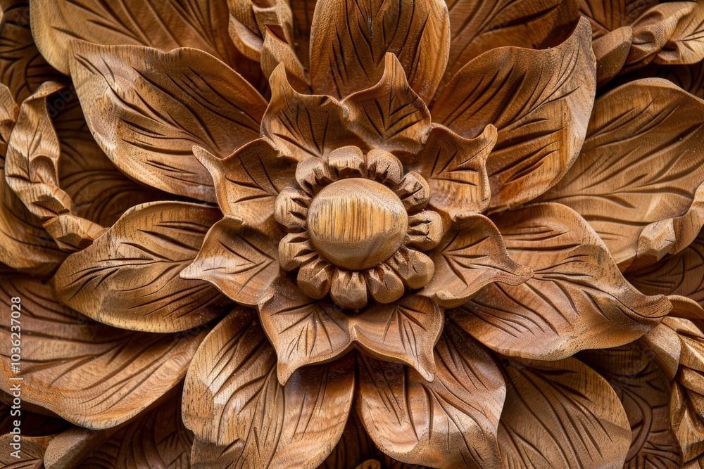 A detailed wooden carving of a flower, showcasing intricate leaves and petals. Concept of craftsmanship and artistry. For home decor or art exhibitions. A detailed wooden carving of a flower, showcasing intricate leaves and petals. Concept of craftsmanship and artistry. For home decor or art exhibitions.