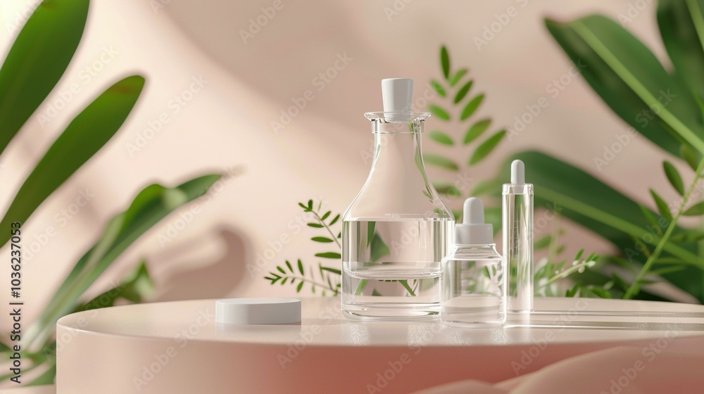 Three Glass Bottles of Skincare Products on a Pink Platform with Green Greenery Three Glass Bottles of Skincare Products on a Pink Platform with Green Greenery