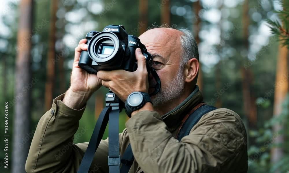 A photographer in a forest, capturing nature with a camera. A photographer in a forest, capturing nature with a camera.