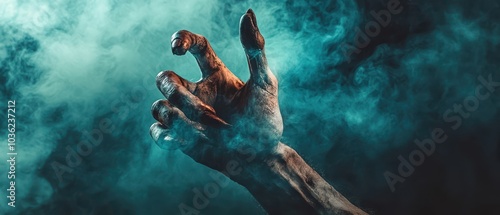 Pointing creepy zombie monster hand on dark smoky background. Halloween concept. Cinematic moody scene, horror movie theme.