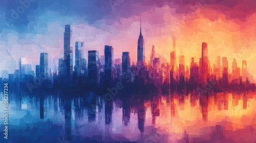 A vibrant city skyline during sunset, with colorful reflections on the water, showcasing modern architecture. The scene captures an urban landscape feel.