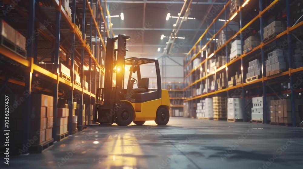 A forklift moving pallets in a warehouse, industrial setting with shelves and inventory, Realistic style A forklift moving pallets in a warehouse, industrial setting with shelves and inventory, Realistic style